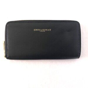 Edina Ronay London NWOT Black Leather Blue Interior Zip Around Wallet